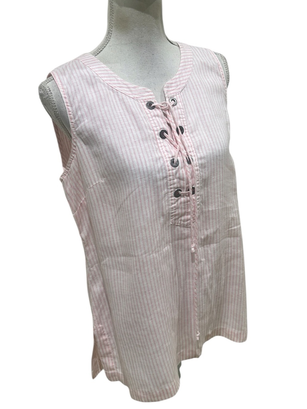 Tommy Bahama Light Pink stripe Lace-Up Sleeveless linen shirt blouse size small